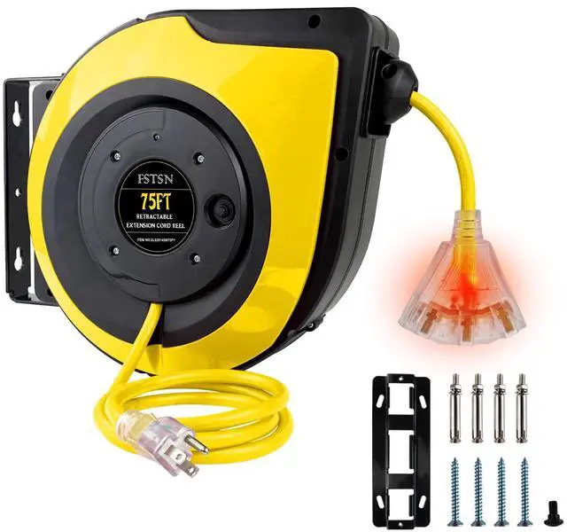 Main image of Retractable Extension Cord Reel, 75 FT, Heavy Duty 14AWG/3C SJTOW Power Cord, with Lighted Triple Tap Outlet 10 Amp Circuit Breaker, for Ceiling or Wall Mount Garage and Shop, Yellow