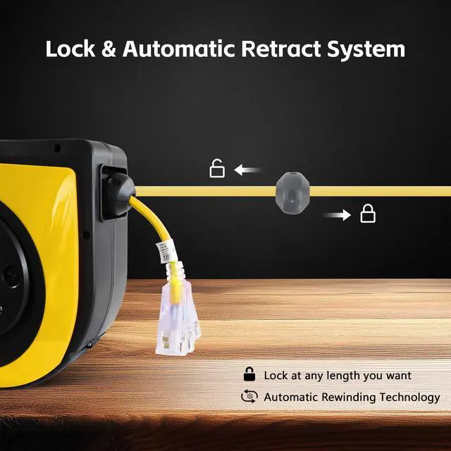 Alt view image 2 of 6 - Retractable Extension Cord Reel, 75 FT, Heavy Duty 14AWG/3C SJTOW Power Cord, with Lighted Triple Tap Outlet 10 Amp Circuit Breaker, for Ceiling or Wall Mount Garage and Shop, Yellow