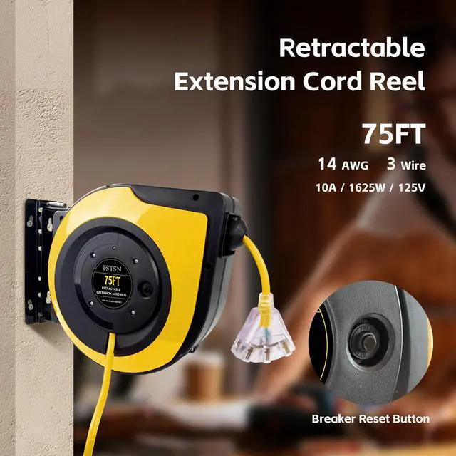 Alt view image 3 of 6 - Retractable Extension Cord Reel, 75 FT, Heavy Duty 14AWG/3C SJTOW Power Cord, with Lighted Triple Tap Outlet 10 Amp Circuit Breaker, for Ceiling or Wall Mount Garage and Shop, Yellow