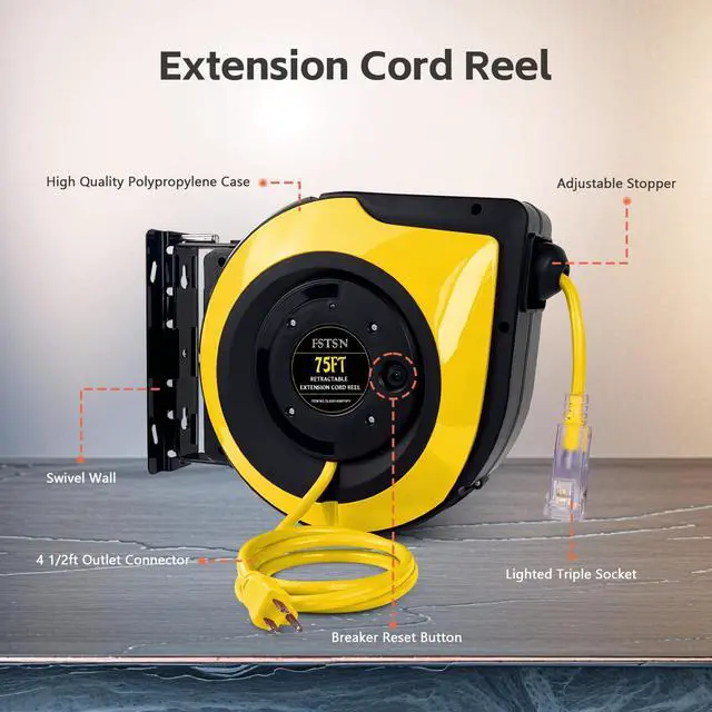 Alt view image 5 of 6 - Retractable Extension Cord Reel, 75 FT, Heavy Duty 14AWG/3C SJTOW Power Cord, with Lighted Triple Tap Outlet 10 Amp Circuit Breaker, for Ceiling or Wall Mount Garage and Shop, Yellow