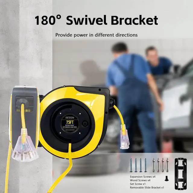 Alt view image 6 of 6 - Retractable Extension Cord Reel, 75 FT, Heavy Duty 14AWG/3C SJTOW Power Cord, with Lighted Triple Tap Outlet 10 Amp Circuit Breaker, for Ceiling or Wall Mount Garage and Shop, Yellow