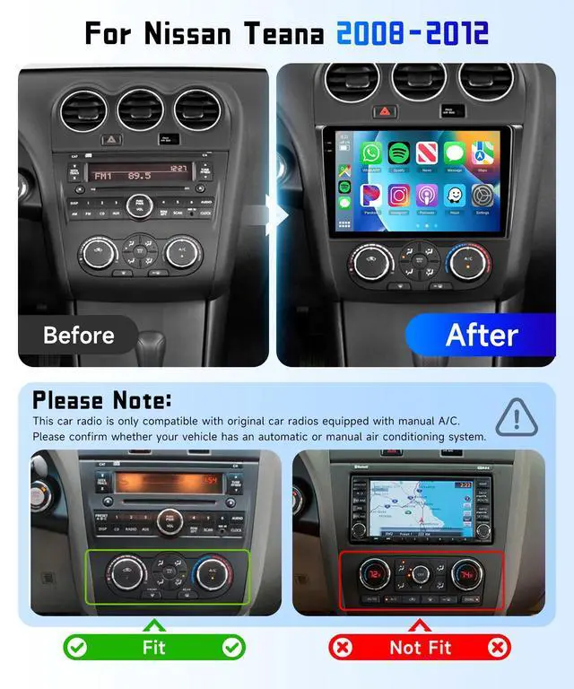 Alt view image 2 of 6 - 4G+64G Car Radio Stereo for Nissan Altima 2008-2012 (Manual A/C), 9inch HD in-Cell Touch Screen/Android 15/Wireless CarPlay/Android Auto/GPS/WiFi/5.0Bluetooth/FM/AHD Backup Camera
