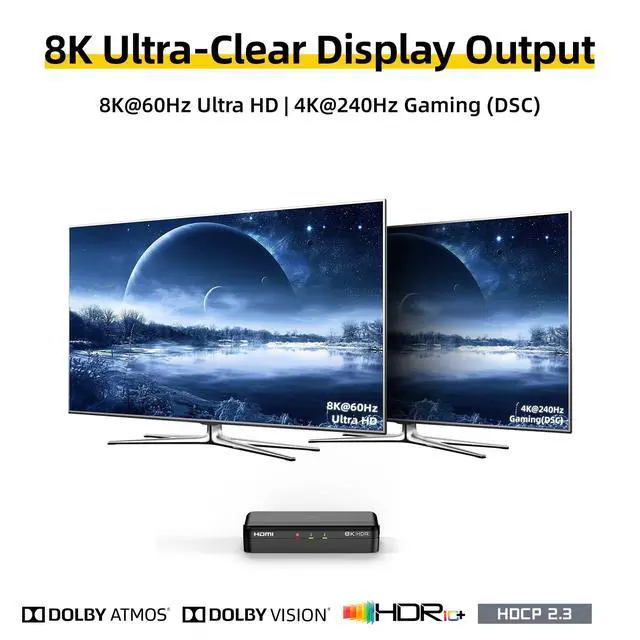 Alt view image 2 of 6 - 8K HDMI Splitter 1 in 2 Out (Mirror Only) HDMI 2.1 8K@60Hz, 4K@240Hz DSC, 48Gbps, HDCP 2.3, EDID, Auto Downscaling, Duplicate Screens for Dual Monitors, TV, PS5, Xbox