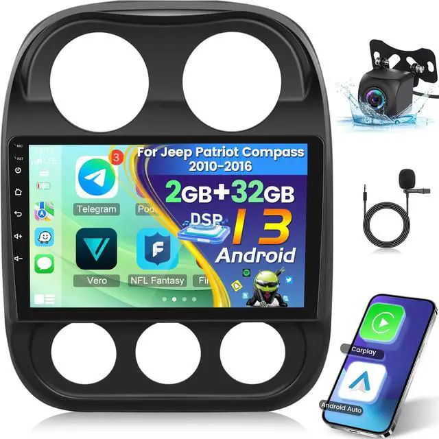 Main image of 2+32G 10.1 inch Android Car Stereo for Jeep Patriot Compass 2010-2016 with Wireless Carplay and Android Auto Touch Screen DSP Audio GPS WiFi Mirror Link + AHD Backup Camera and Mic