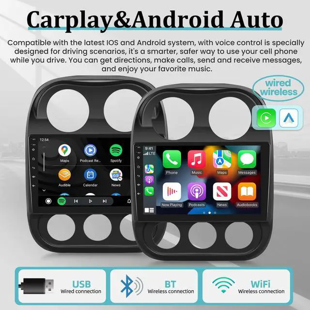 Alt view image 2 of 6 - 2+32G 10.1 inch Android Car Stereo for Jeep Patriot Compass 2010-2016 with Wireless Carplay and Android Auto Touch Screen DSP Audio GPS WiFi Mirror Link + AHD Backup Camera and Mic