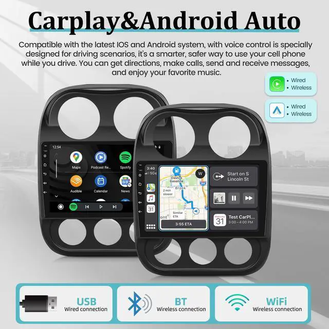 Alt view image 4 of 6 - 2+64G Android Car Radio for Jeep Compass Patriot 2010-2016 with Wireless CarPlay & Android Auto, 10.1 Inch Patriot Car Stereo with WiFi / 1080P / SWC + AHD Backup Camera + MIC