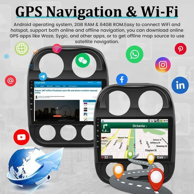 Alt view image 5 of 6 - 2+64G Android Car Radio for Jeep Compass Patriot 2010-2016 with Wireless CarPlay & Android Auto, 10.1 Inch Patriot Car Stereo with WiFi / 1080P / SWC + AHD Backup Camera + MIC