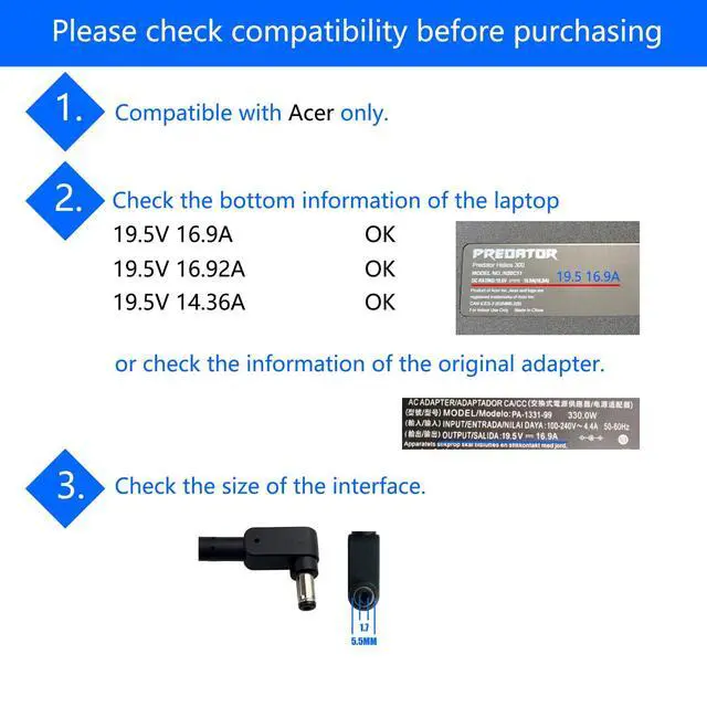Alt view image 3 of 6 - 330W Ac Adapter 19.5V 16.92A Replacement A20-330P1A Compatible with Acer Predator Helios 300 N20C11 N20C3 N22C3 Laptop Charger