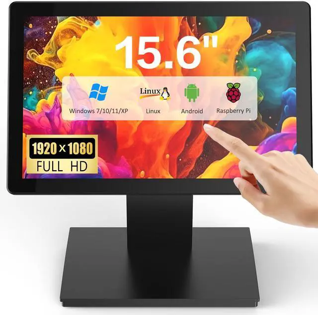 Main image of 15.6" Touchscreen POS Monitor, 1920×1080 FHD IPS Display, 10-Point Capacitive Touch, with HDMI/VGA Input, Heavy Duty Metal Stand for Restaurant, Bar, Gym, Warehouse, and POS Systems