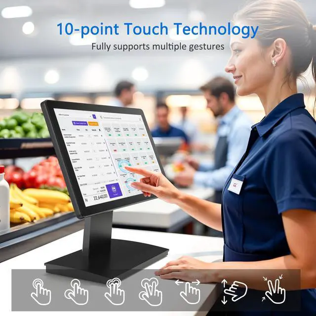 Alt view image 2 of 6 - 15.6" Touchscreen POS Monitor, 1920×1080 FHD IPS Display, 10-Point Capacitive Touch, with HDMI/VGA Input, Heavy Duty Metal Stand for Restaurant, Bar, Gym, Warehouse, and POS Systems