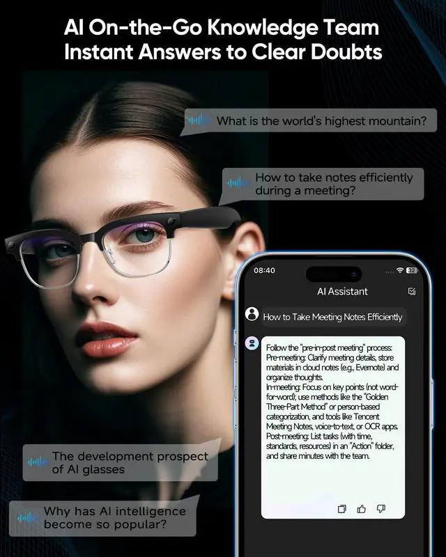 Alt view image 5 of 6 - AI Glasses with Camera,4K with Audio Bluetooth AI Glasses with Chat GPT for Men 160+ Languages 8MP Video Recording, Smart Eyewear for Gaming Meeting Travel Trade Business, Silicone Sound Tube