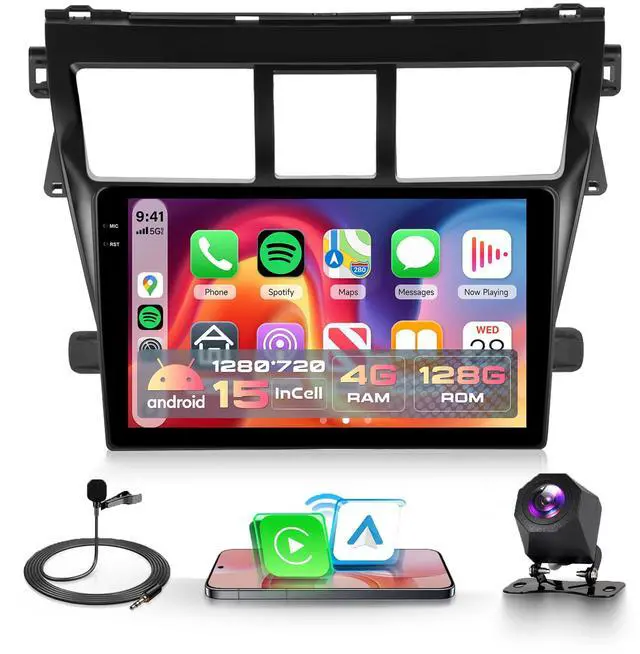 Main image of 4Core 4G+128G Android 15 Car Radio for Toyota Yaris VIOS 2007-2013, Car Stereo Wireless Carplay Andorid auto Mirror Link 9'' INCELL Screen GPS WiFi Bluetooth 5.0 FM/RDS EQ-32 SWC Backup Camera