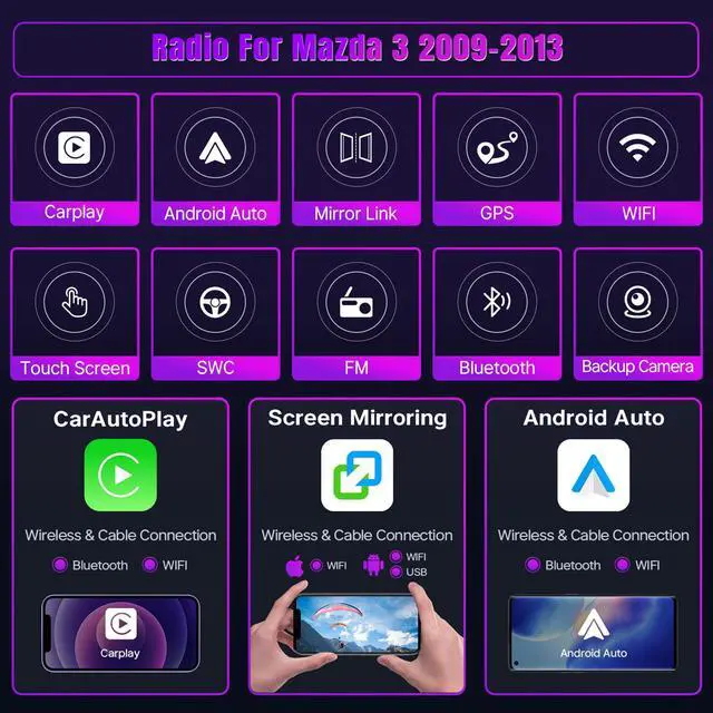 Alt view image 4 of 6 - Android 12 Car Stereo for Mazda 3 2009-2013 Radio Upgrade with Wireless CarPlay Android Auto, 9 Inch TouchScreen In-Dash Bluetooth WIFI GPS Navigation MirrorLink SWC Units +Backup Camera 2+32G