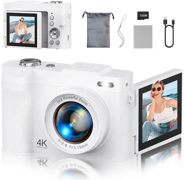 Main image of 4K Digital Camera for Photography, 50MP Vlogging Camera for YouTube, Compact Cameras with 2.8" 180° Flip Screen, 16X Digital Zoom, Point and Shoot Camera with 32GB SD for Beginners, Travel, White