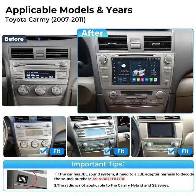 Alt view image 2 of 6 - Car Radio Stereo for Toyota Camry 2007 2008 2009 2010 2011 Android 14 Head Unit 8" 720 * 1280P IPS Screen with CD/DVD Player Carplay & Autoplay 4G LTE WiFi DSP BT SWC GPS 8-Core 4+64G