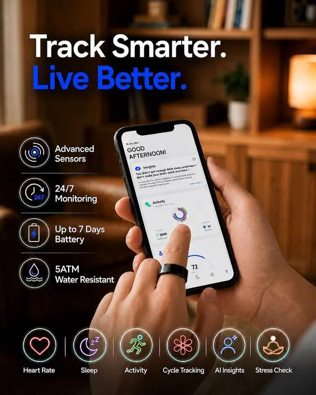 Alt view image 4 of 6 - AI Smart Ring for Men & Women, No Subscription Fitness & Health Tracker, Sleep Tracking & Stress Insights, Heart Rate & SpO2, 5ATM Waterproof, Ceramic Design, Charging Case, Black, Size 13