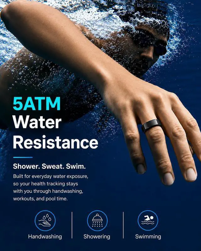 Alt view image 6 of 6 - AI Smart Ring for Men & Women, No Subscription Fitness & Health Tracker, Sleep Tracking & Stress Insights, Heart Rate & SpO2, 5ATM Waterproof, Ceramic Design, Charging Case, Black, Size 13