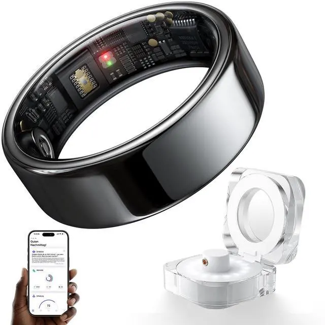 Main image of AI Smart Ring for Men & Women, No Subscription Fitness & Health Tracker, Sleep Tracking & Stress Insights, Heart Rate & SpO2, 5ATM Waterproof, Ceramic Design, Charging Case, Black, Size 12