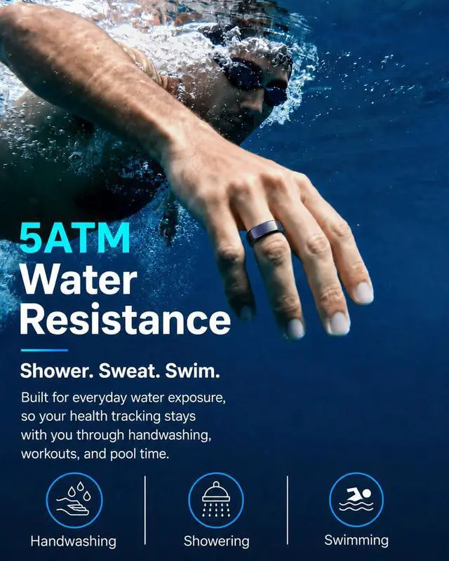 Alt view image 6 of 6 - AI Smart Ring for Men & Women, No Subscription Fitness & Health Tracker, Sleep Tracking & Stress Insights, Heart Rate & SpO2, 5ATM Waterproof, Ceramic Design, Charging Case, Black, Size 9