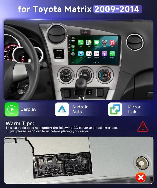 Alt view image 2 of 6 - 4G+64G Car Radio Stereo for Toyota Matrix 2009-2014, 9inch IPS Touch Screen/Android 15/Wireless CarPlay/Android Auto/32 EQ/GPS/WiFi/5.0Bluetooth/FM/RDS/SWC/AHD Backup Camera
