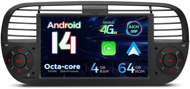 Main image of Android 14 Car Stereo for Fiat 500 (2007-2015), 7 Inch Touch Screen Fiat 500 Replacement Head Unit with Gyroscope Built-in DSP GPS Navigation CarPlay Android Auto 4G LTE Bluetooth (4+64GB)