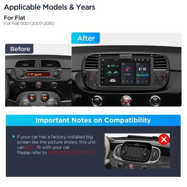 Alt view image 2 of 6 - Android 14 Car Stereo for Fiat 500 (2007-2015), 7 Inch Touch Screen Fiat 500 Replacement Head Unit with Gyroscope Built-in DSP GPS Navigation CarPlay Android Auto 4G LTE Bluetooth (4+64GB)
