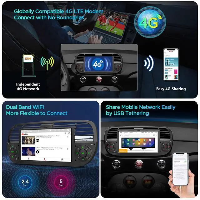 Alt view image 3 of 6 - Android 14 Car Stereo for Fiat 500 (2007-2015), 7 Inch Touch Screen Fiat 500 Replacement Head Unit with Gyroscope Built-in DSP GPS Navigation CarPlay Android Auto 4G LTE Bluetooth (4+64GB)