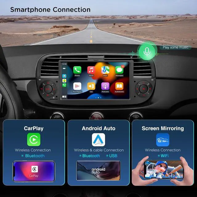 Alt view image 4 of 6 - Android 14 Car Stereo for Fiat 500 (2007-2015), 7 Inch Touch Screen Fiat 500 Replacement Head Unit with Gyroscope Built-in DSP GPS Navigation CarPlay Android Auto 4G LTE Bluetooth (4+64GB)