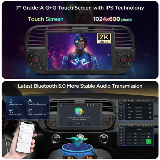Alt view image 5 of 6 - Android 14 Car Stereo for Fiat 500 (2007-2015), 7 Inch Touch Screen Fiat 500 Replacement Head Unit with Gyroscope Built-in DSP GPS Navigation CarPlay Android Auto 4G LTE Bluetooth (4+64GB)