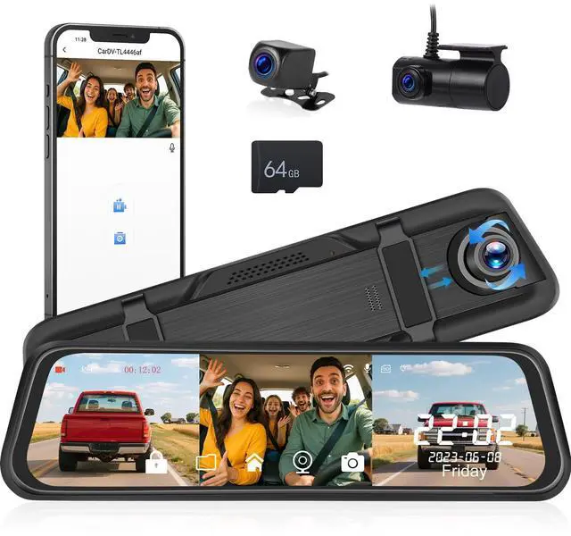 Main image of 3 Channel 9.66'' WiFi Mirror Dash Cam with Front and Rear Camera IPS Touch Screen,Triple Rear View Mirror Camera with App Recording,64GB TF Card,Loop Recording,Night Vision, G-Sensor Parking Monitor