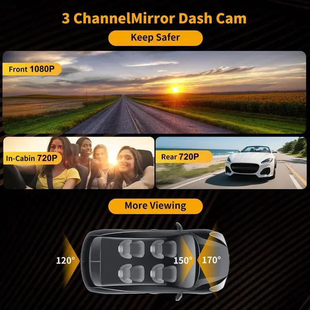 Alt view image 2 of 3 - 3 Channel 9.66'' WiFi Mirror Dash Cam with Front and Rear Camera IPS Touch Screen,Triple Rear View Mirror Camera with App Recording,64GB TF Card,Loop Recording,Night Vision, G-Sensor Parking Monitor