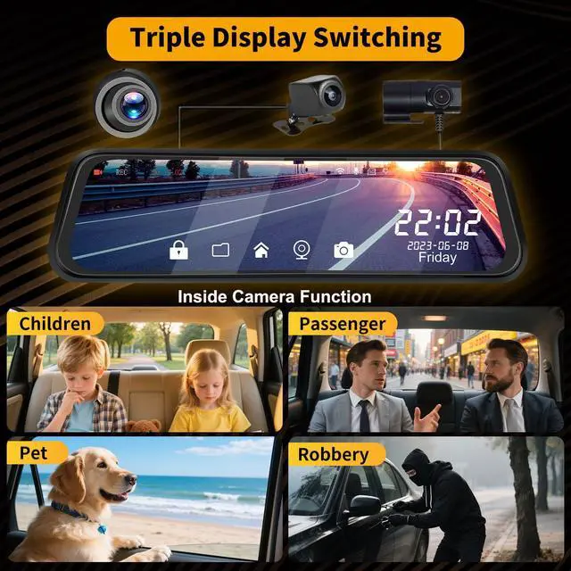 Alt view image 3 of 3 - 3 Channel 9.66'' WiFi Mirror Dash Cam with Front and Rear Camera IPS Touch Screen,Triple Rear View Mirror Camera with App Recording,64GB TF Card,Loop Recording,Night Vision, G-Sensor Parking Monitor