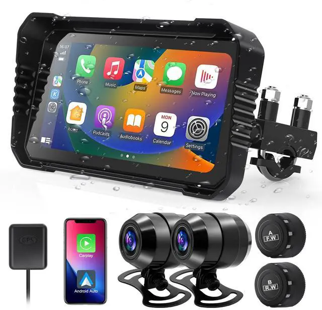 Main image of Motorcycle Carplay Support Wireless CarPlay & Android Auto, 6.25 Waterproof Touchscreen, Motorcycle Dash Cam Front and Rear with TPMS, GPS, WiFi, Loop Recording (Upgraded - with BSD Function)