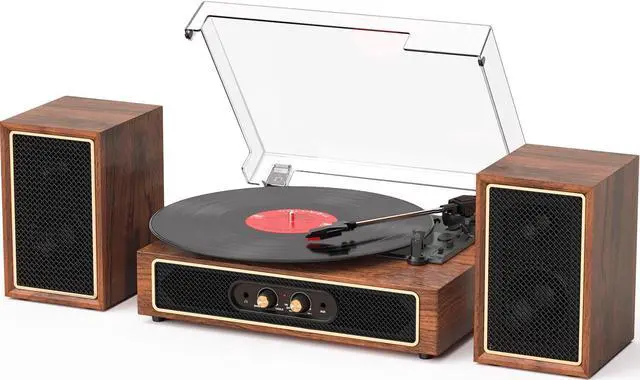 Main image of Vinyl Record Player with External Speakers, 3-Speed Bluetooth Input Turntable, PC Recording, Stereo Speakers, RCA Out, AUX in, Auto Stop, Gold Trim, Walnut