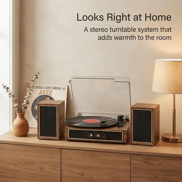 Alt view image 2 of 6 - Vinyl Record Player with External Speakers, 3-Speed Bluetooth Input Turntable, PC Recording, Stereo Speakers, RCA Out, AUX in, Auto Stop, Gold Trim, Walnut