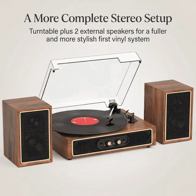 Alt view image 3 of 6 - Vinyl Record Player with External Speakers, 3-Speed Bluetooth Input Turntable, PC Recording, Stereo Speakers, RCA Out, AUX in, Auto Stop, Gold Trim, Walnut