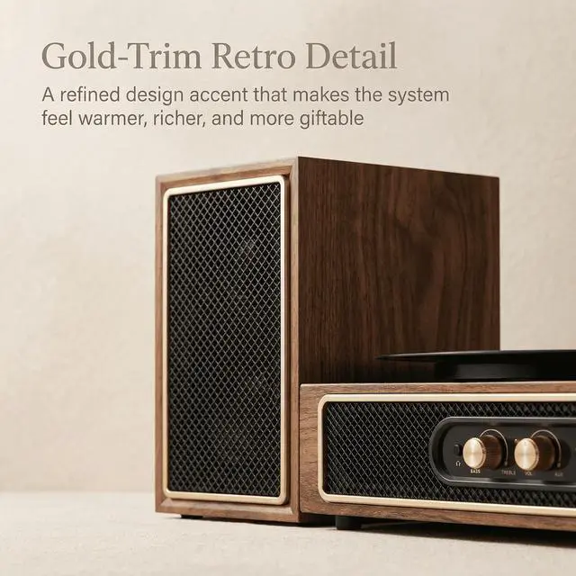 Alt view image 4 of 6 - Vinyl Record Player with External Speakers, 3-Speed Bluetooth Input Turntable, PC Recording, Stereo Speakers, RCA Out, AUX in, Auto Stop, Gold Trim, Walnut