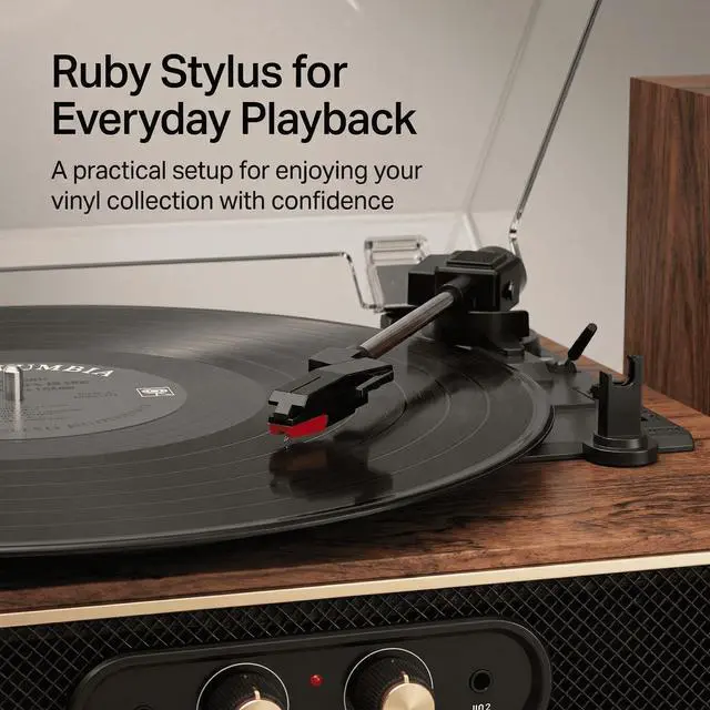 Alt view image 5 of 6 - Vinyl Record Player with External Speakers, 3-Speed Bluetooth Input Turntable, PC Recording, Stereo Speakers, RCA Out, AUX in, Auto Stop, Gold Trim, Walnut