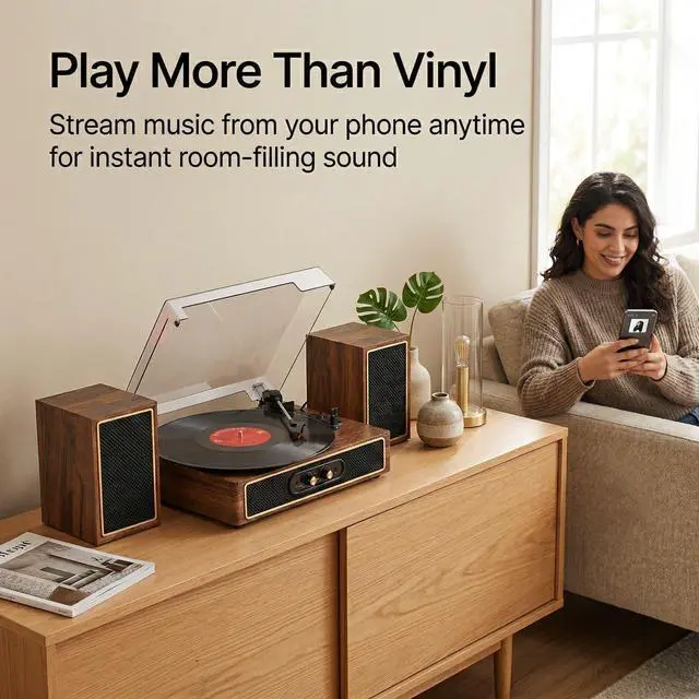 Alt view image 6 of 6 - Vinyl Record Player with External Speakers, 3-Speed Bluetooth Input Turntable, PC Recording, Stereo Speakers, RCA Out, AUX in, Auto Stop, Gold Trim, Walnut
