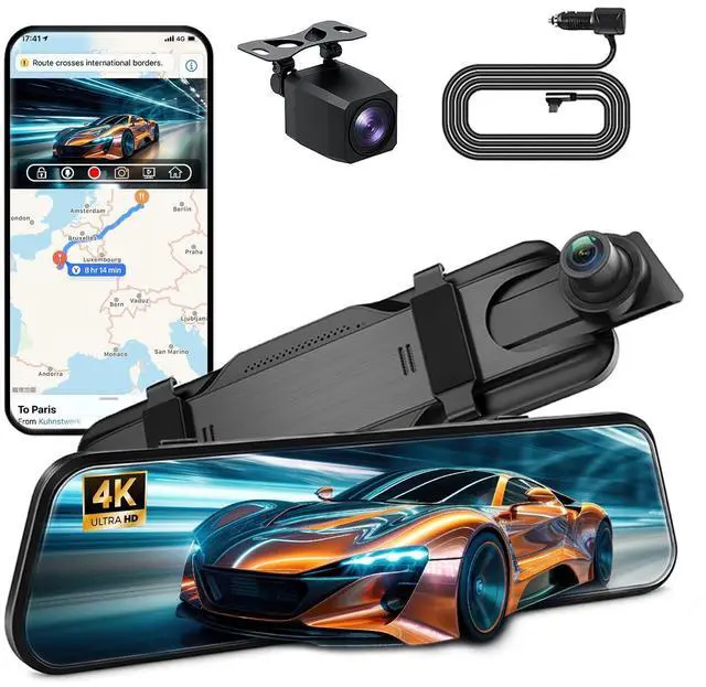 Main image of 4K Mirror Dash Cam with Carplay&Android Auto,10" Rear View Mirror Camera for Cars/Trucks with Voice Control/Real 64GB Card/Touch Screen/Parking Monitor/Reverse Assist/Dual Loop Record/WDR Tech