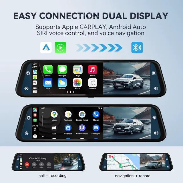 Alt view image 2 of 6 - 4K Mirror Dash Cam with Carplay&Android Auto,10" Rear View Mirror Camera for Cars/Trucks with Voice Control/Real 64GB Card/Touch Screen/Parking Monitor/Reverse Assist/Dual Loop Record/WDR Tech
