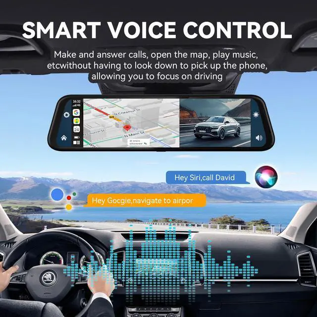 Alt view image 3 of 6 - 4K Mirror Dash Cam with Carplay&Android Auto,10" Rear View Mirror Camera for Cars/Trucks with Voice Control/Real 64GB Card/Touch Screen/Parking Monitor/Reverse Assist/Dual Loop Record/WDR Tech