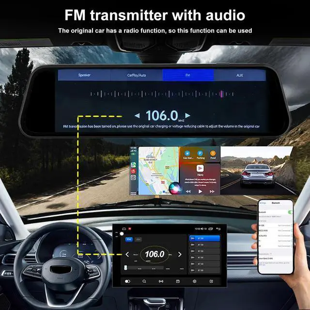Alt view image 4 of 6 - 4K Mirror Dash Cam with Carplay&Android Auto,10" Rear View Mirror Camera for Cars/Trucks with Voice Control/Real 64GB Card/Touch Screen/Parking Monitor/Reverse Assist/Dual Loop Record/WDR Tech