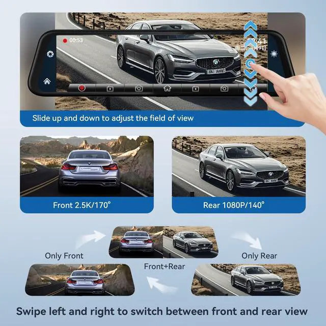 Alt view image 5 of 6 - 4K Mirror Dash Cam with Carplay&Android Auto,10" Rear View Mirror Camera for Cars/Trucks with Voice Control/Real 64GB Card/Touch Screen/Parking Monitor/Reverse Assist/Dual Loop Record/WDR Tech