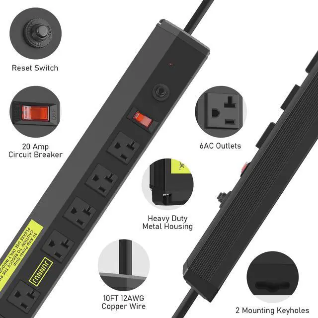Alt view image 2 of 6 - 20 Amp Power Strip Heavy Duty 2 Pack,Heavy Duty 20 Amp Surge Protector 4800J, Garage Metal 6 Outlets 12 Gauge Extension Cord 10ft