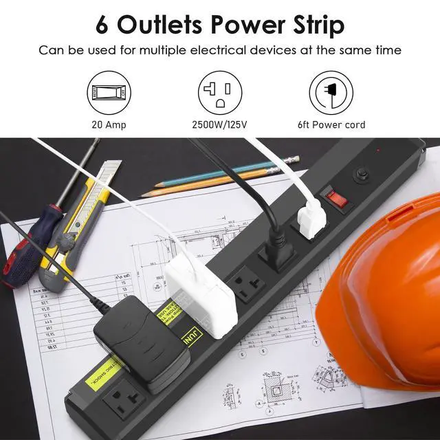 Alt view image 5 of 6 - 20 Amp Power Strip Heavy Duty 2 Pack,Heavy Duty 20 Amp Surge Protector 4800J, Garage Metal 6 Outlets 12 Gauge Extension Cord 10ft