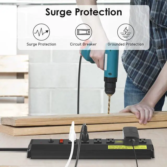 Alt view image 6 of 6 - 20 Amp Power Strip Heavy Duty 2 Pack,Heavy Duty 20 Amp Surge Protector 4800J, Garage Metal 6 Outlets 12 Gauge Extension Cord 10ft
