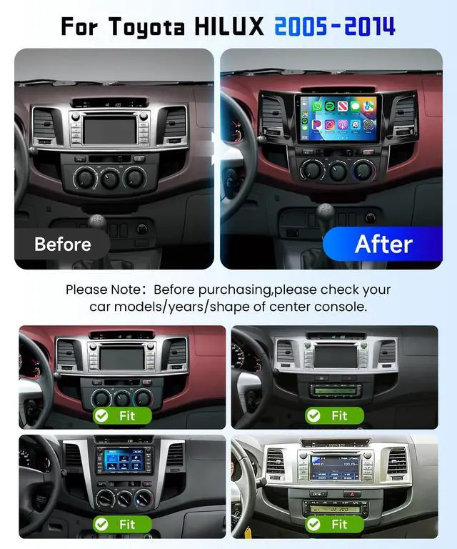 Alt view image 2 of 6 - 4G+128G Car Radio Stereo for Toyota HILUX 2005-2014, 9inch HD in-Cell Touch Screen/Android 15/Wireless CarPlay/Android Auto/GPS/5Ghz WiFi/5.0Bluetooth/FM/RDS/SWC/AHD Backup Camera