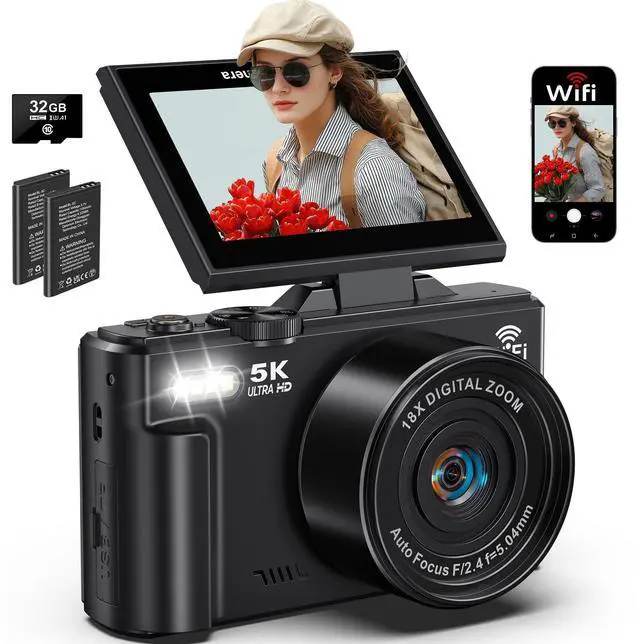 Main image of 5K Digital Camera for Photography, 75MP WiFi Vlogging Camera for YouTube, 18X Zoom UHD Autofocus, 3" 180° Flip Screen, Video Camera with 32GB SD Card & 2 Batteries