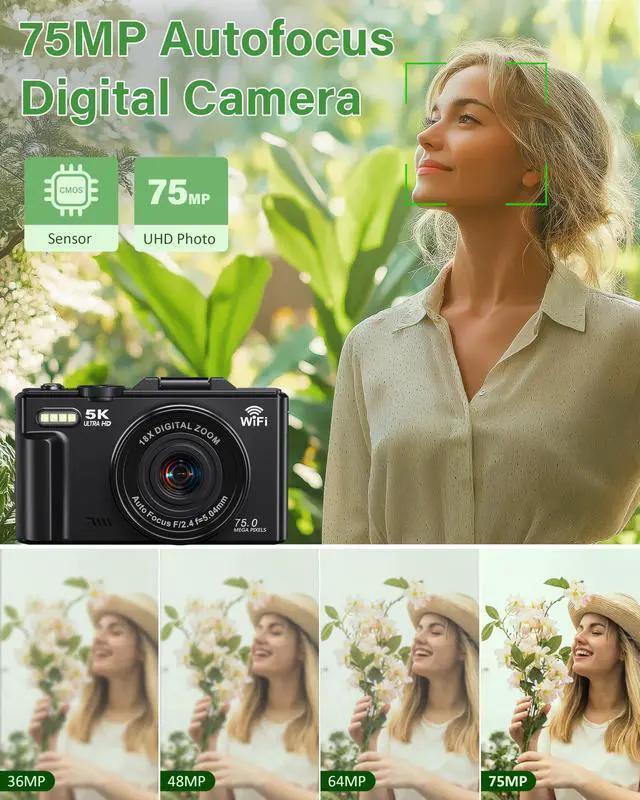 Alt view image 3 of 6 - 5K Digital Camera for Photography, 75MP WiFi Vlogging Camera for YouTube, 18X Zoom UHD Autofocus, 3" 180° Flip Screen, Video Camera with 32GB SD Card & 2 Batteries